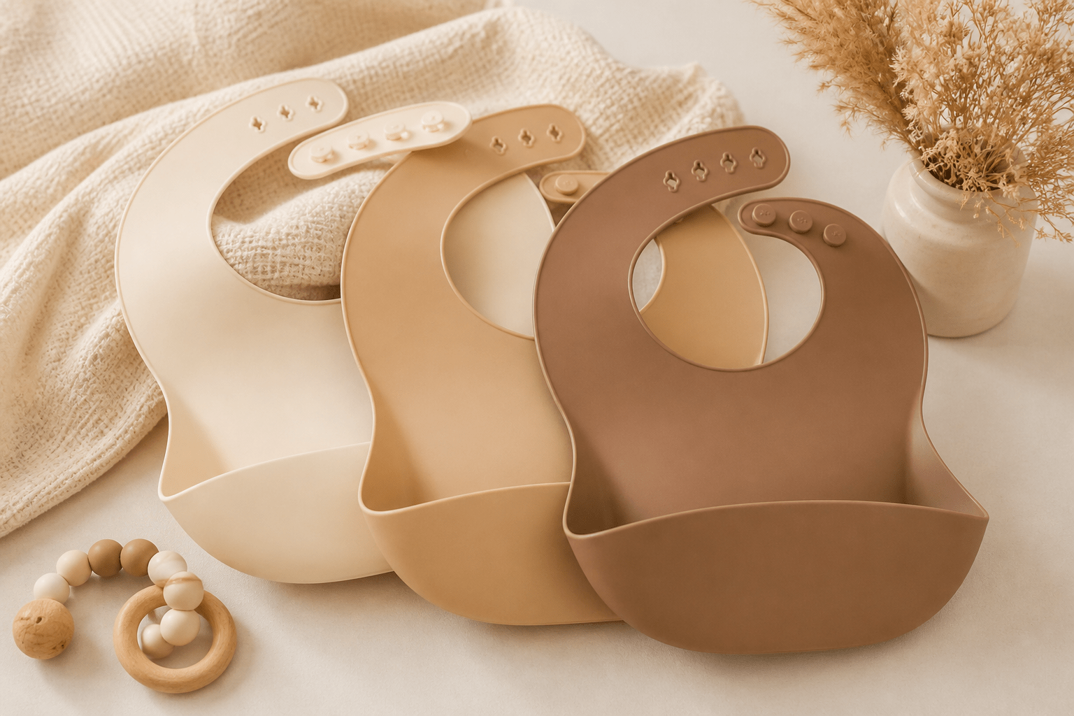Feeding Your Baby soft silicone baby bibs in warm neutral tones