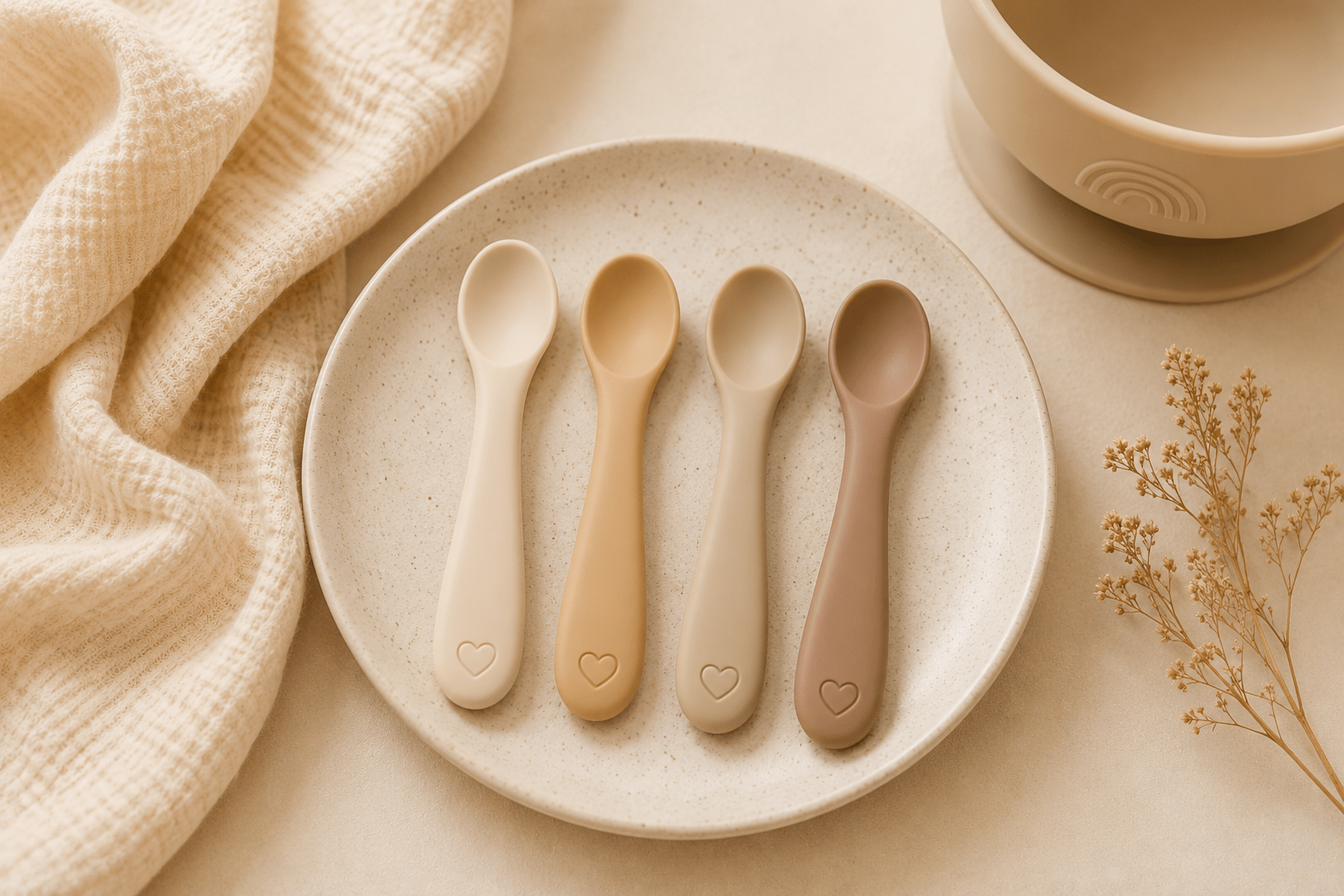 Feeding Your Baby soft baby spoons for starting solids in warm neutral tones