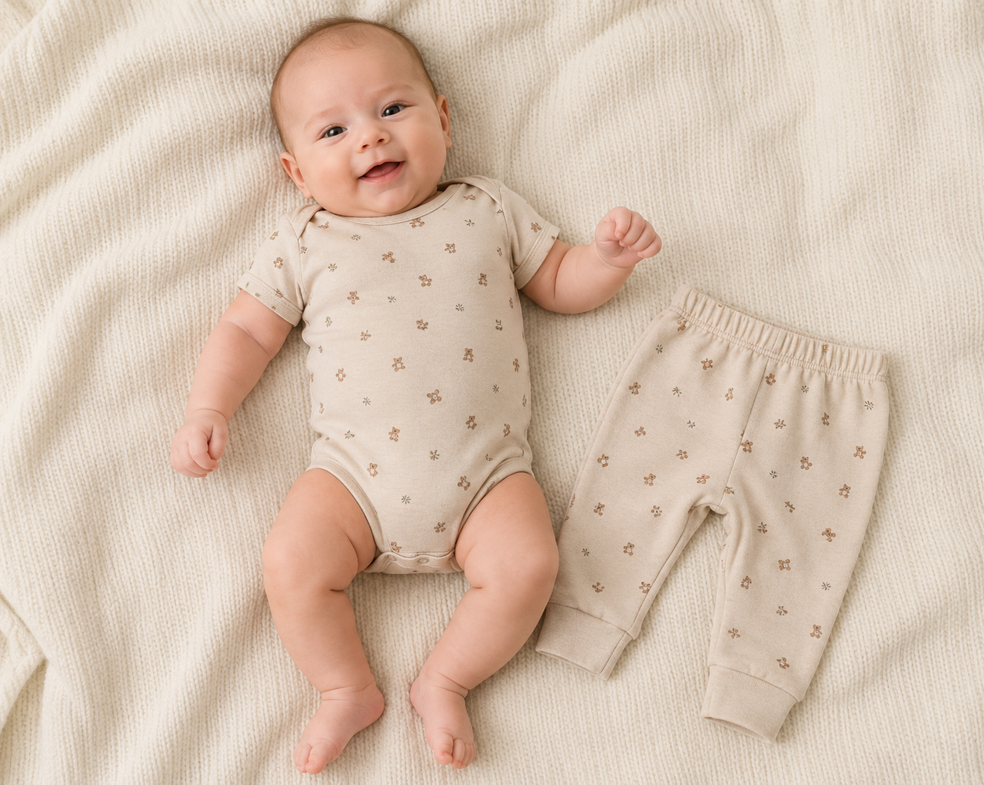 Avoiding Baby Overheating newborn wearing breathable onesie with removable matching pants for layering