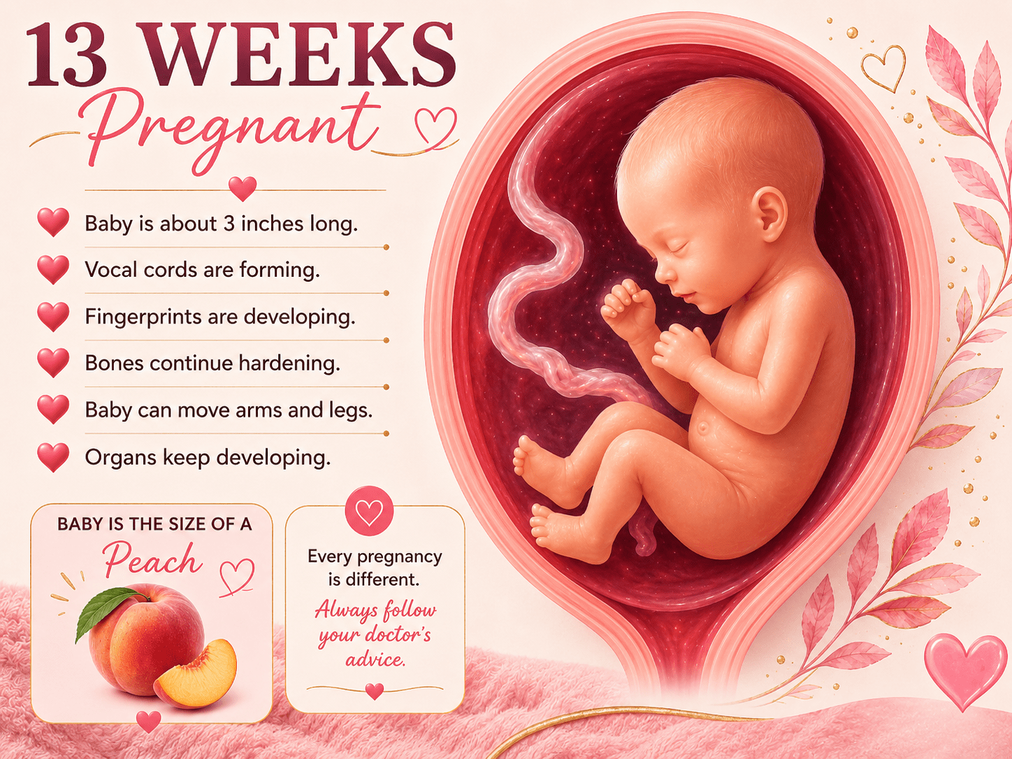 13 Weeks Pregnant baby development and second trimester symptoms guide