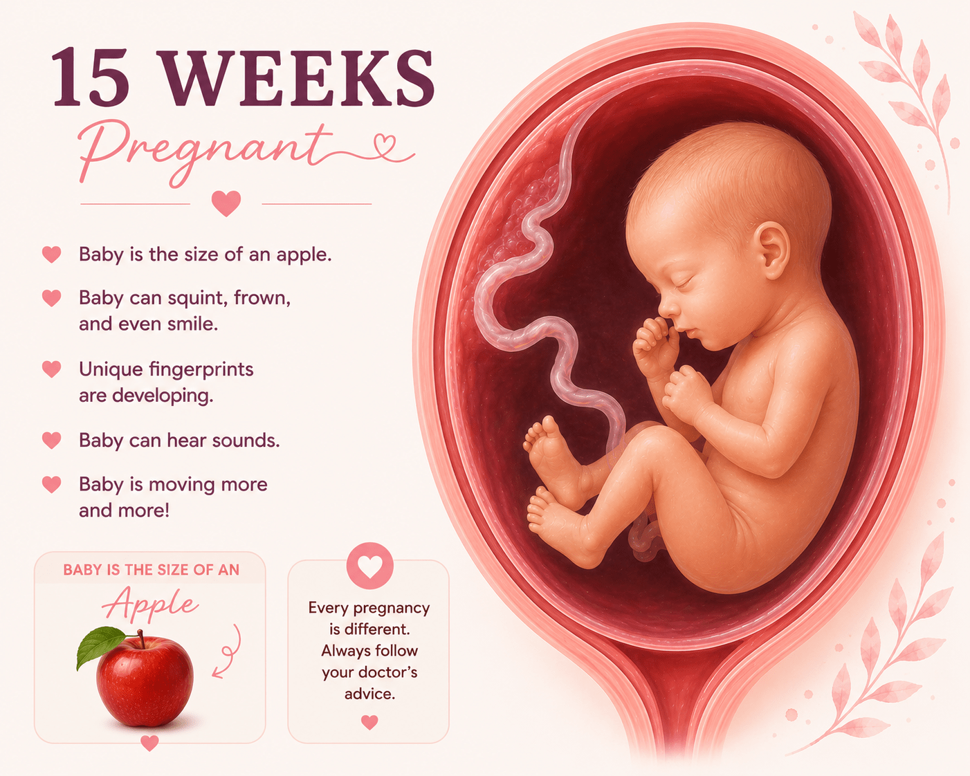 15 Weeks Pregnant baby development and second trimester symptoms guide