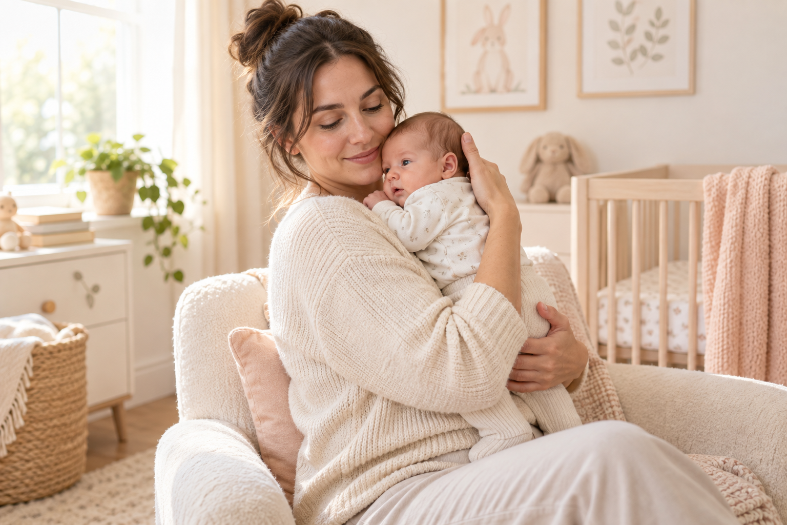 Mother holding her awake newborn upright after feeding to help with baby reflux discomfort